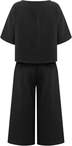 Vista 4 de Traje de lino de algodón liso para mujer, cuello redondo, manga corta, mameluco de piernas anchas, conjunto de pantalones