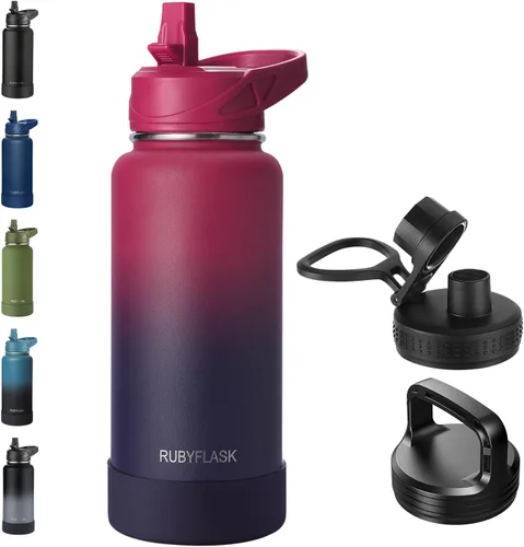 Vista 21 de RUBYFLASK - Botella de agua aislada con pajilla, jarra de agua al vacío de acero inoxidable, 24 onzas, botella con 3 tapas a prueba de fugas