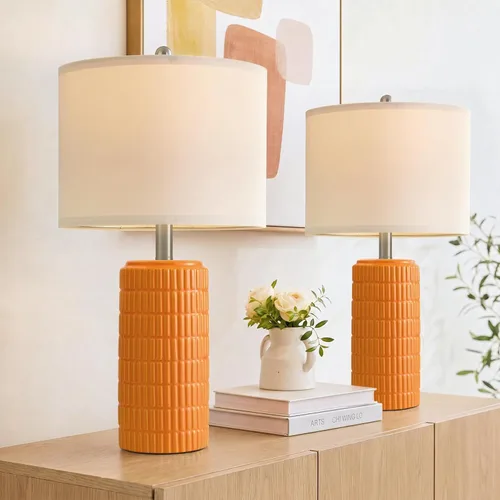 Vista 11 de PoKat Juego de 2 lámparas de mesa de cerámica gris oscuro de 23 pulgadas para sala de estar, lámparas de noche modernas para dormitorio, lámpara
