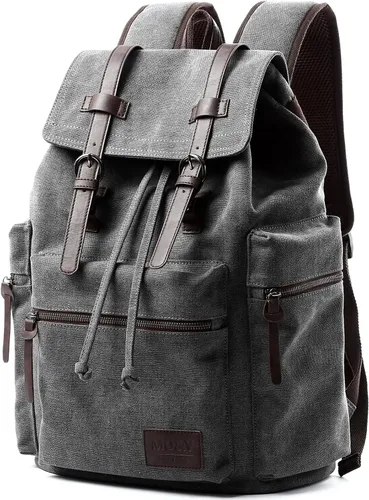 Vista 8 de MOYYI Mochila de lona para hombre para laptop de 13 a 17.3 pulgadas, mochila vintage duradera con ribete de cuero para uso diario, universidad