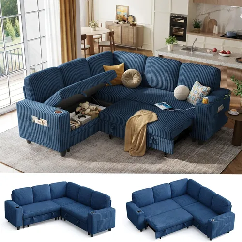 Vista 8 de LINSY HOME - Sofá seccional con cama extraíble y sofá cama deslizable, sofá convertible de pana mullida tipo nube con chaise de almacenamiento