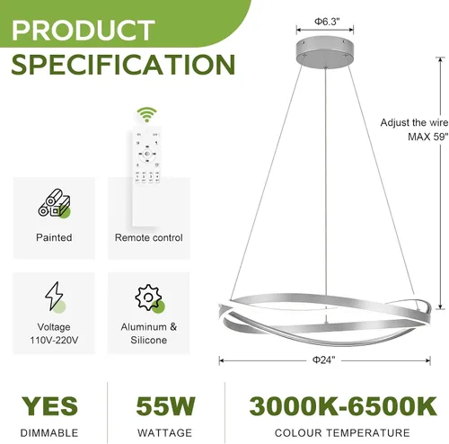Vista 94 de Benkut Lámpara de Araña de Anillo LED Moderna Negra para Comedor, Lámpara de Araña de Techo Circular Empotrada Regulable con Control Remoto