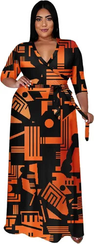 Vista 7 de Runwind Vestidos de Talla Grande para Mujeres Vestido Maxi Floral Suelto Manga 3/4 con Cinturón 01-Negro