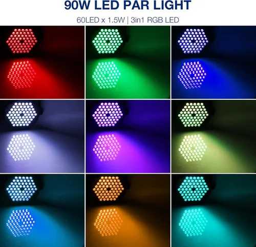 Vista 2 de Luces de escenario RGB de 60 LED, 90 W, regulables, multimodos activados por sonido, control remoto y DMX, fácil configuración, luces elevadas