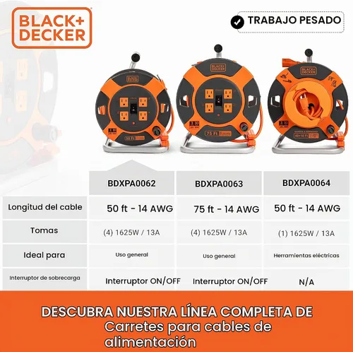 Vista 2 de BLACK+DECKER Carrete de cable de extensión retráctil de 50 pies con 4 tomas, extensión de enchufe múltiple, rebobinado de fácil mango y cable SJTW