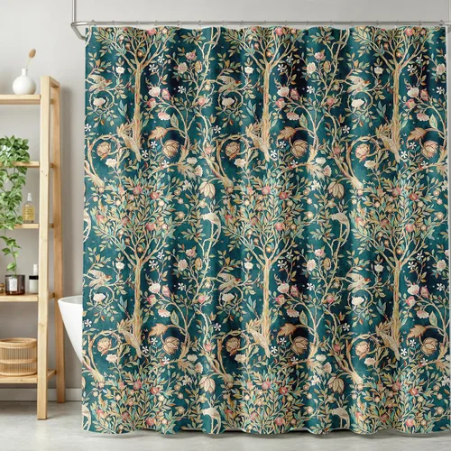 Vista 28 de Cortina de ducha con 12 ganchos para baño, 72 x 72 pulgadas, diseño floral bohemio con hojas tropicales retro y florales (bohemio floral-1)