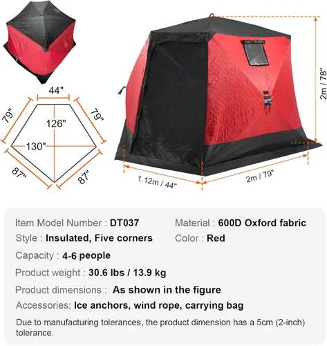 Vista 8 de VEVOR Portable Pop-Up Tent, 1-8 Person Insulated Shelter, Large Fishing Area, Hub-Style Shanty for Winter Fishing, Waterproof Oxford Ice Cube with