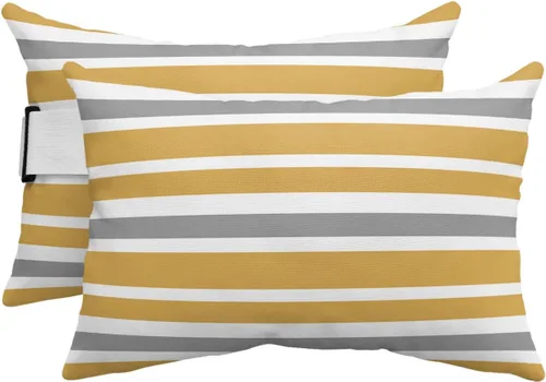 Vista 8 de Almohada reclinable para la cabeza para exteriores con relleno, amarillo oscuro, gris, blanco, a rayas, impermeable, con correa ajustable, tumbona