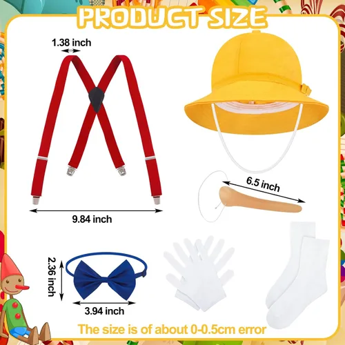 Vista 3 de Liitrsh Juego de 8 piezas de disfraz de marioneta para adulto con chaleco negro, cuello blanco, sombrero amarillo, lazo azul, tirantes rojos