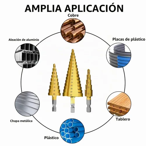 Vista 6 de Juego de 3 brocas escalonadas, juego de brocas escalonadas HSS con revestimiento de titanio, juego de brocas de acero de alta velocidad, brocas
