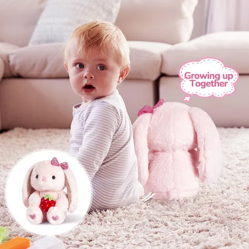 Vista 5 de Conejo de Fresa de Peluche con Orejas Caídas, Animales de Peluche Rosa Esponjosos con Fresa, Juguete Blando para Regalo para Niños, Niñas y Niños