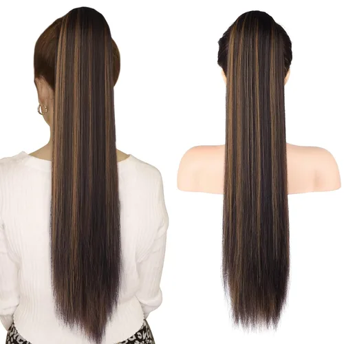 Vista 22 de SEIKEA Extensiones de cola de caballo con cordón, larga y recta, cola de caballo falsa, natural, suave, extensiones de cabello sintético resistente