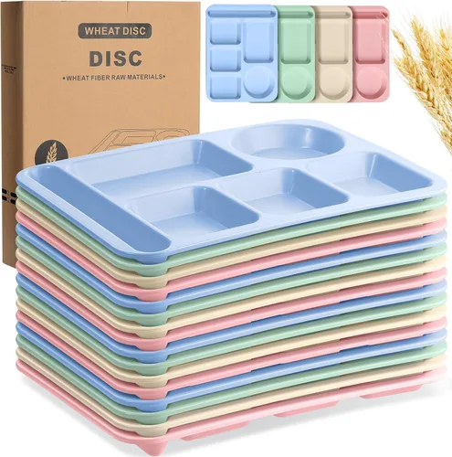 Vista 8 de Uiifan 16 platos divididos de trigo grandes de 14.2 pulgadas para adultos, bandejas irrompibles con compartimentos, platos, bandejas de cafetería
