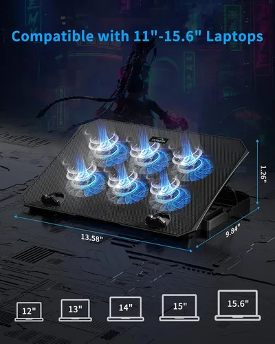 Vista 11 de AICHESON Almohadilla de enfriamiento para laptop de 12 a 15.6 pulgadas, 6 ventiladores más fríos con luces azules, soporte de enfriamiento