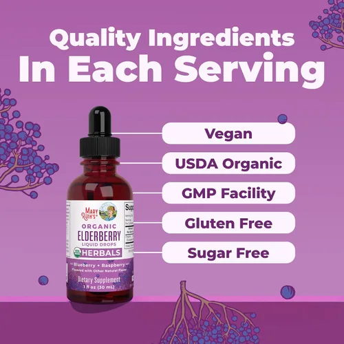 Vista 5 de MaryRuth's - Jarabe de saúco negro orgánico en gotas, apoyo inmunológico, vegano, sin OGM y sin gluten, para 1 mes, arándano y frambuesa - 1 onza