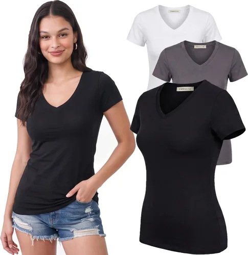 Vista 134 de Emmalise Camiseta de manga corta para mujer, cuello en V, tallas junior y plus