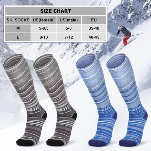 Vista 7 de Calcetines de esquí para hombres y mujeres, 2 pares de calcetines cálidos de snowboard para invierno, calcetines de esquí hasta la rodilla sobre