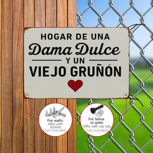 Vista 4 de Letrero de metal con texto en inglés «Hogar De Una Dama Y De Un Grunon», vintage, divertido, retro, cocina, dormitorio, sala de estar, 8 x 12