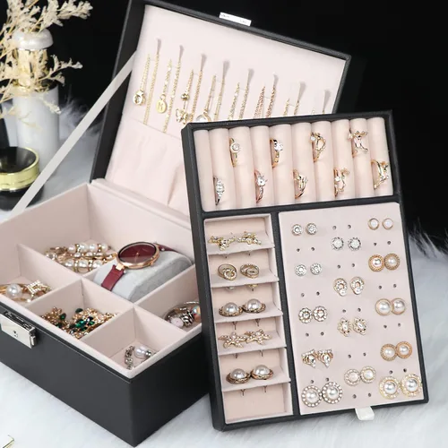 Vista 6 de Joyero para mujeres y niñas, organizador de joyas de 2 capas con cerradura, estuche de almacenamiento de piel sintética con bandeja extraíble