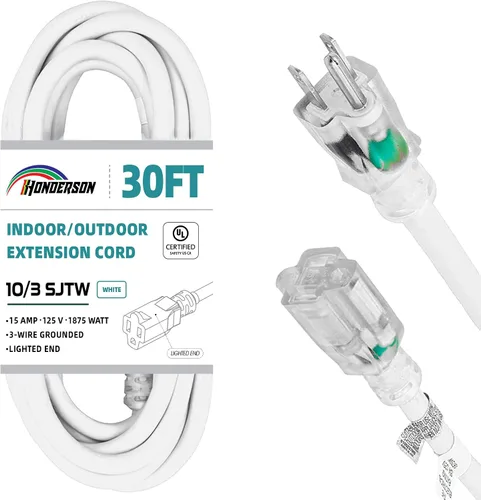 Vista 23 de Cable de extensión resistente a la intemperie con extremo iluminado, certificado UL, calibre 10, 3 pies, color blanco, 3 clavijas, resistente, cable
