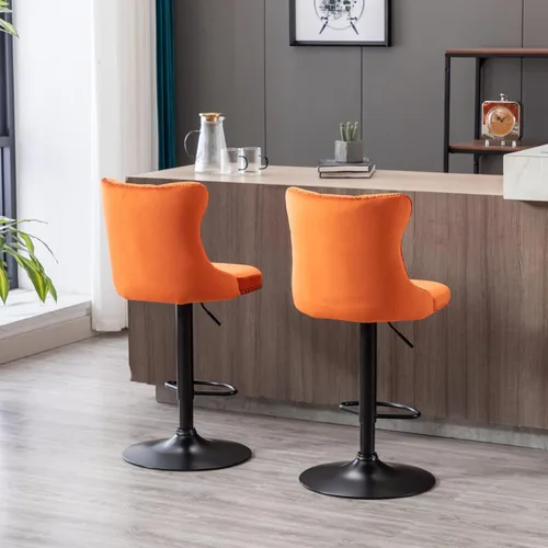 Vista 52 de Juego de 2 modernos taburetes de bar giratorios ajustables, sillas de bar copetudas de terciopelo beige con respaldo y ribete de cabeza de clavo