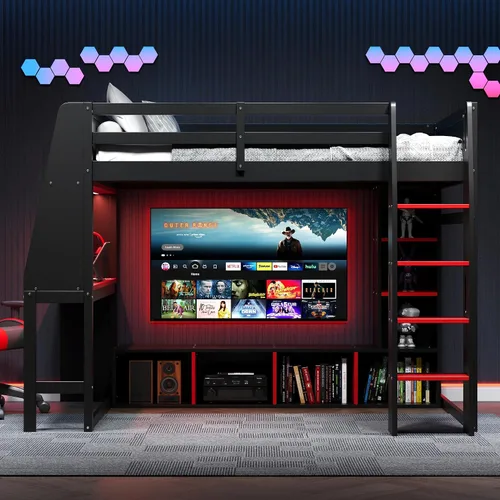 Vista 2 de KLMM Cama loft de madera creativa de tamaño individual con escritorio y estantes de almacenamiento múltiple, LED y un perchero para colgar ropa