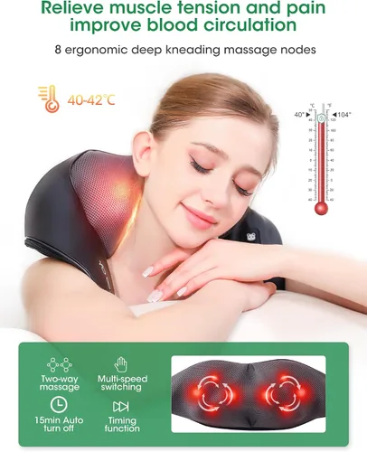 Vista 3 de Masajeador Shiatsu inalámbrico de cuello y espalda con calor para aliviar el dolor de tejido profundo, almohada eléctrica recargable 4D de masaje