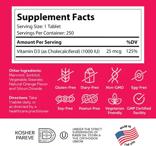 Vista 5 de Zahler Junior D3 Chewable 1000IU, gran sabor Chewable Vitamina D para niños, Vitamina D3 1000 IU para los niños, Certified Kosher, 250 tabletas