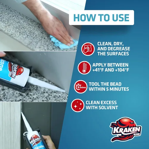 Vista 7 de Kraken Bond Sellador de silicona negro resistente al agua Cartucho de 100 a 10 onzas líquidas, RTV silicona para calafatear cocina y baño, todo uso