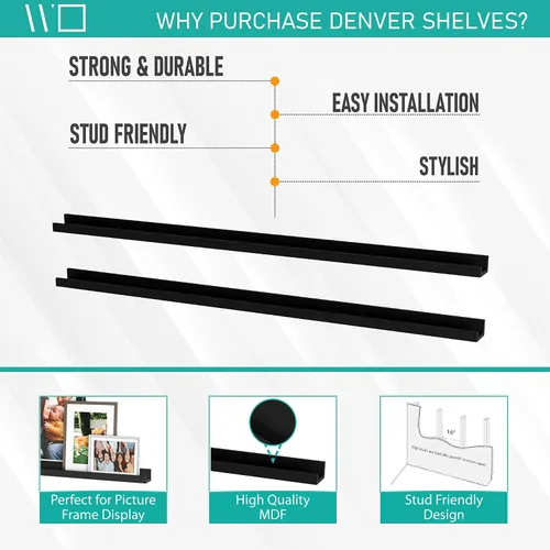 Vista 9 de Wallniture Denver - Juego de 2 repisas para fotos de 60 pulgadas para decoración de sala de estar, estantes flotantes largos negros para comedor