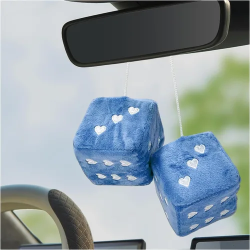 Vista 11 de 1 par de dados de felpa mullidos para espejo de automóvil, dados cuadrados retro de 3 pulgadas con forma de corazón, adorno colgante de dados retro