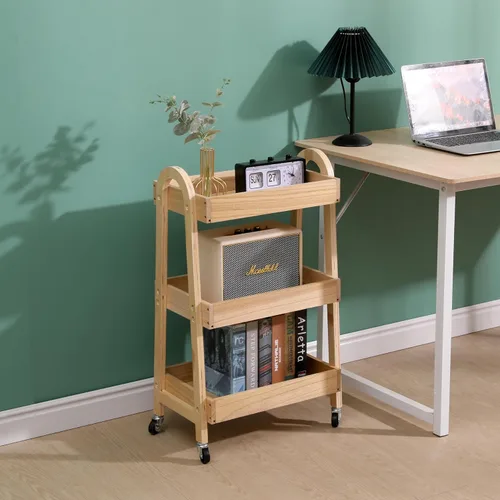 Vista 6 de Carrito de artesanía con ruedas de 3 niveles, madera de color claro, resistente, impermeable, con ruedas, para cocina, baño, lavandería