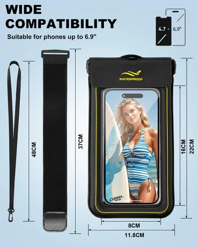 Vista 6 de Funda impermeable 2 en 1 para teléfono y brazalete para teléfono, funda impermeable subacuática para teléfono con correa desmontable, bolsas