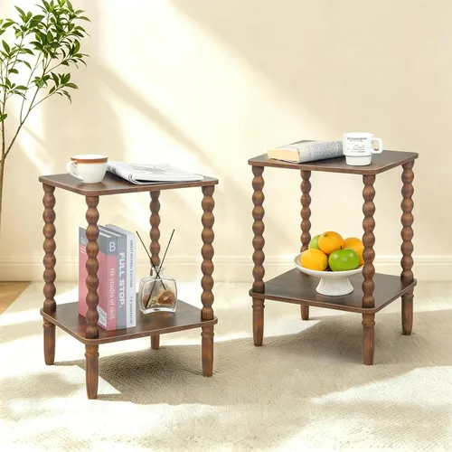 Vista 9 de Fultyle Mesa auxiliar negra, mesa auxiliar pequeña con estante de 2 niveles, mesita de noche vintage con almacenamiento para dormitorio, sala