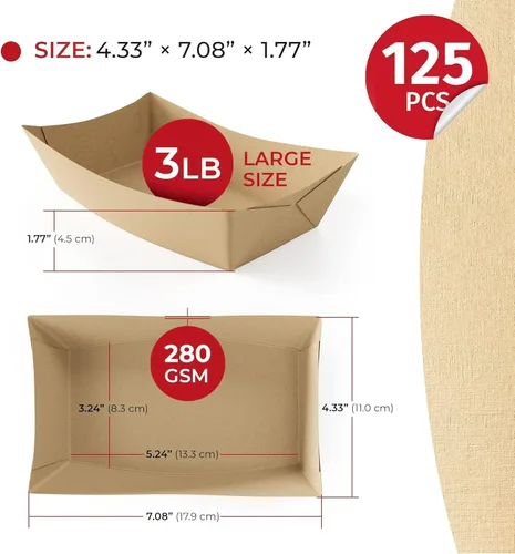 Vista 2 de SPARGOS Botes de comida de papel kraft de 3 libras (paquete de 125) – Bandejas desechables de color marrón rústico para bodas y embutidos – Cestas