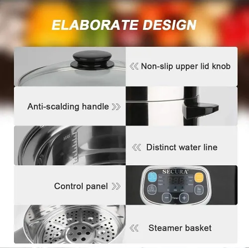 Vista 3 de Secura Vaporizador eléctrico de alimentos, cestas apilables de doble nivel con temporizador, 1200 W, calentamiento rápido, acero inoxidable