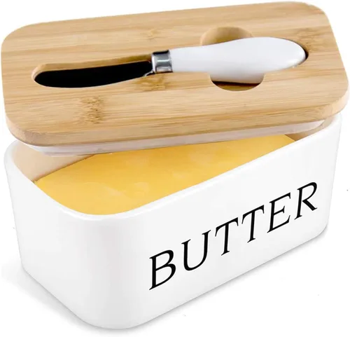 Vista 10 de Mantequillera con tapa y cuchillo, recipiente de cerámica para mantequilla con tapa de bambú para encimera, platos de mantequilla más grandes