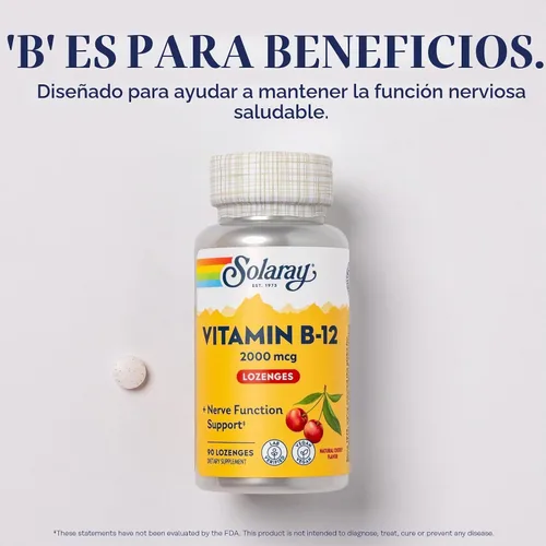 Vista 3 de SOLARAY Pastillas de vitamina B12 de 2000 mcg, sin azúcar, sabor a cereza