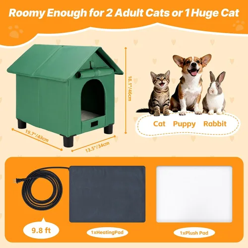 Vista 6 de FHTONGE Casa elevada para gatos con calefacción para gatos al aire libre en invierno, resistente a la intemperie, refugio para gatos con 2