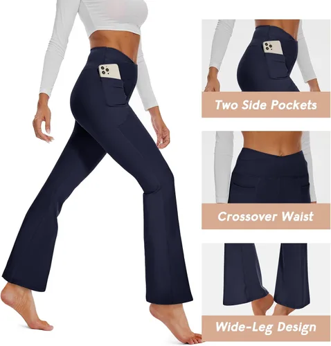 Vista 2 de GAYHAY Leggings acampanados con bolsillos para mujer, pantalones de yoga cruzados, cintura alta, control de abdomen, corte de bota, leggings