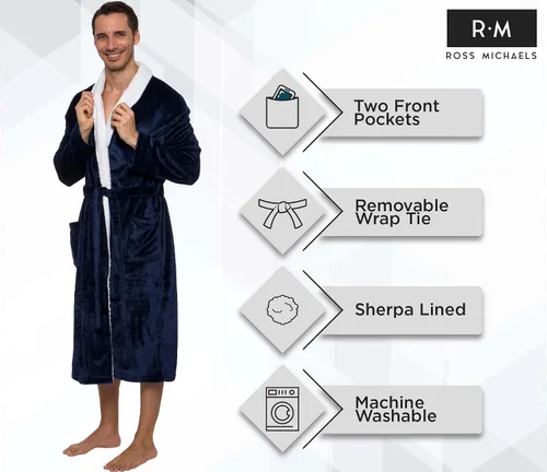 Vista 4 de Ross Michaels Bata de baño para hombre, con forro de sherpa y cuello de chal