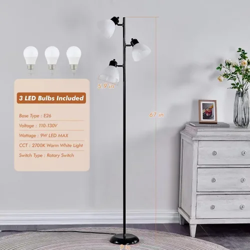 Vista 2 de Lámpara de pie moderna estilo árbol para sala de estar y dormitorio, lámpara de pie alta con 3 cabezales ajustables y giratorios para oficina