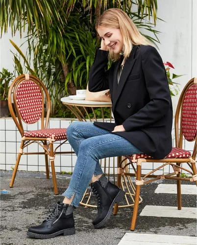 Vista 2 de starmerx Botas de combate con cordones para mujer botines de tacón bajo cómodos botines con cremallera lateral