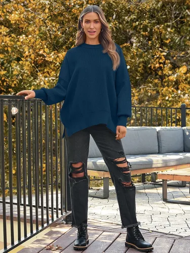Vista 154 de Lillusory - Suéter extragrande con mangas de murciélago y cuello redondo para mujer, prenda moderna de otoño de tejido de punto sin botones
