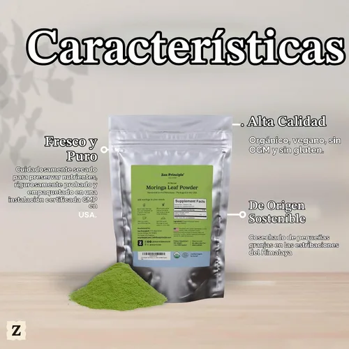 Vista 6 de Zen Polvo de hoja de moringa con principio orgánico, certificado por USDA, 1 libra