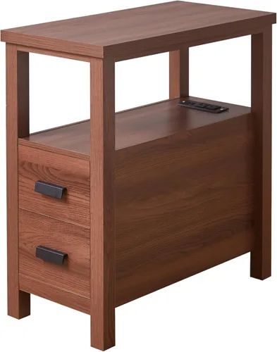 Vista 8 de Wood End Table Side Table Nightstand with 2 Drawer & USB Ports & Outlets 11.81in-brown
