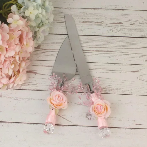 Vista 3 de Juego de 2 piezas de pala para tartas serie rosa, accesorio para sitios de boda, cuchillo de pan, suministros de boda occidental, acero inoxidable