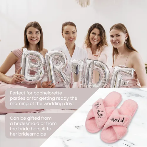 Vista 2 de Bride Slippers and Bridesmaid Slippers Bride Gifts for Bridal Shower, Bachelorette Party, Engagement Party, Wedding Day, etc. Cozy White Fur Bride