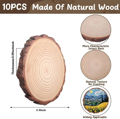 Vista 2 de 10 piezas de rebanadas de madera sin terminar de 6 a 8 pulgadas para centros de mesa, redondas de madera natural para manualidades, decoración