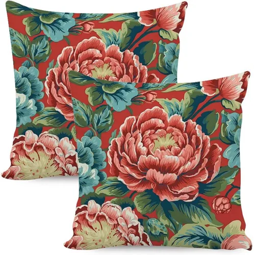 Vista 27 de Juego de 2 almohadas coloridas de estilo chinoiserie, color rosa intenso, azul real, peonía, floral, blanco, lino, estilo chinoiserie, para sofá